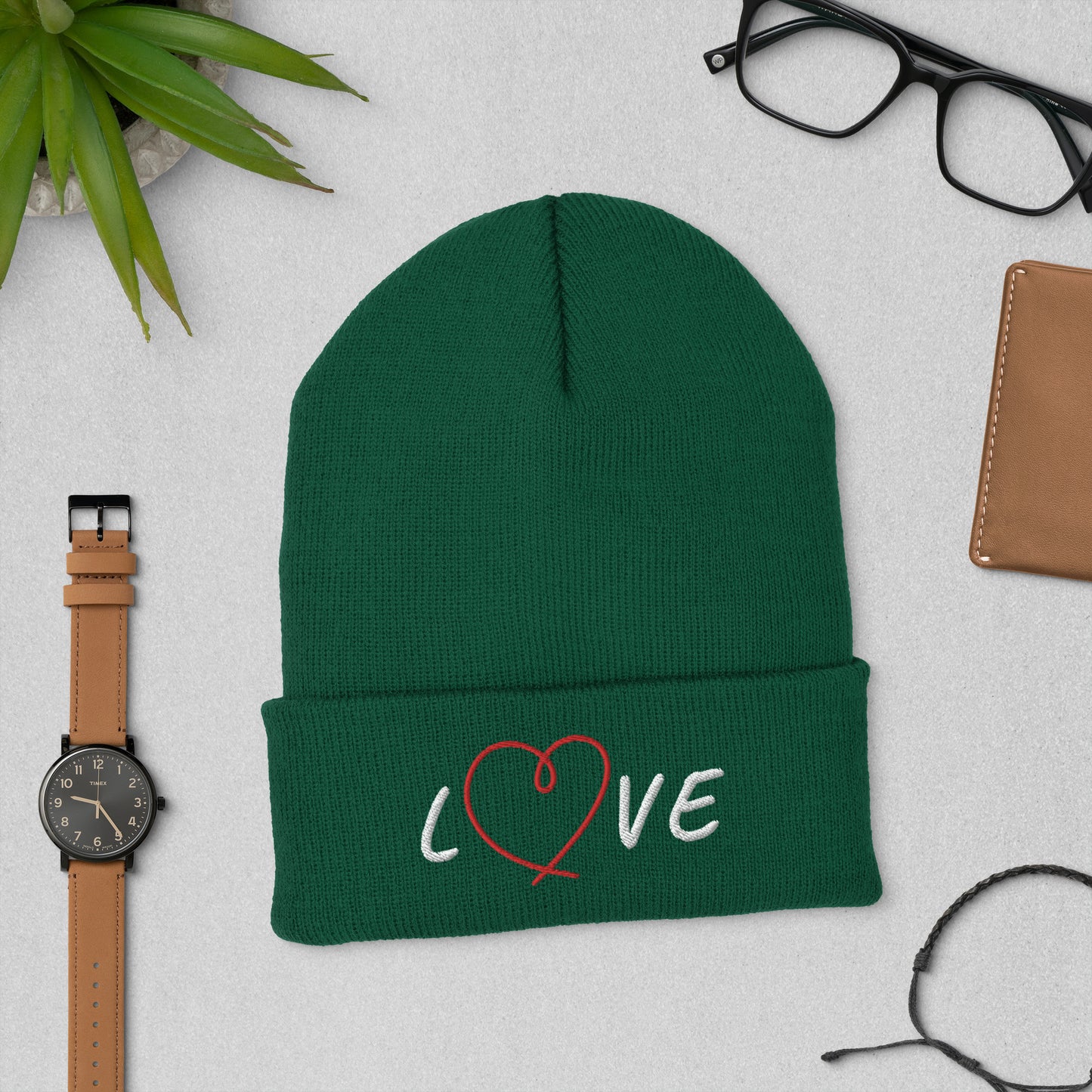 Love Embroidered Green Cuffed Beanie