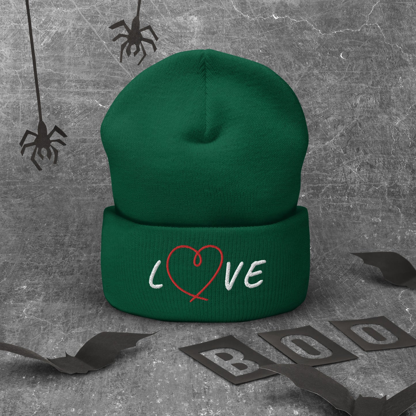 Love Embroidered Green Cuffed Beanie